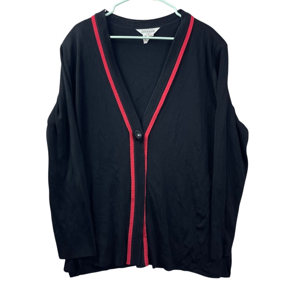 Exclusively Misook Cardigan Sweater Womens 1X Black Red Button Acrylic